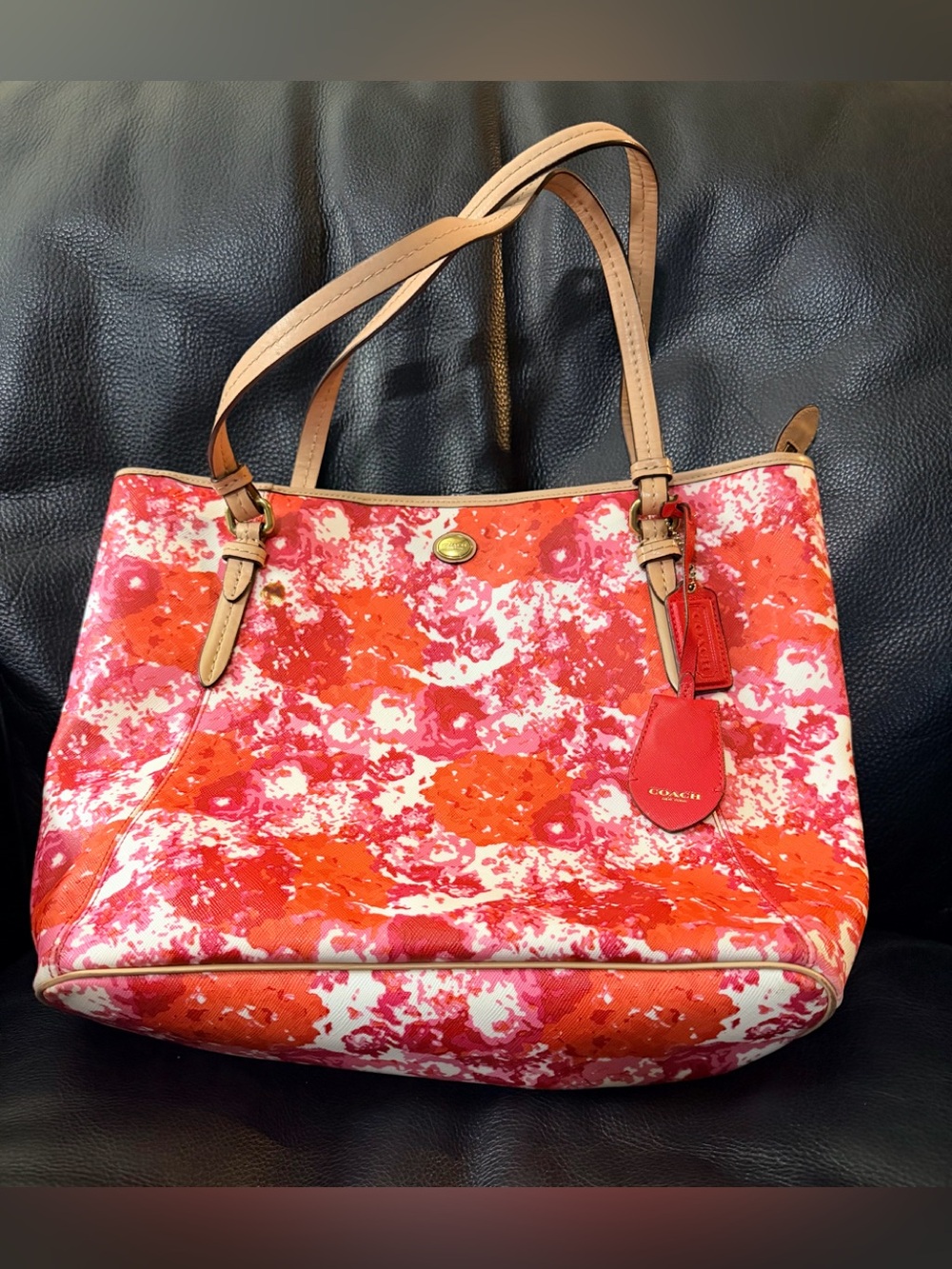 Coach Floral Canvas Tote in Red and Pink with Tan Leather Trim